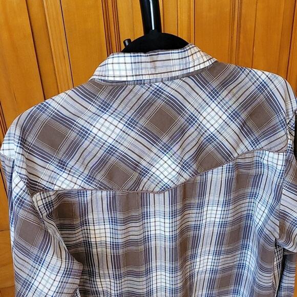 Vintage Ely Cattleman Western Pearl Snap Shirt Brown Blue Plaid Long Sleeve L - Picture 12 of 13